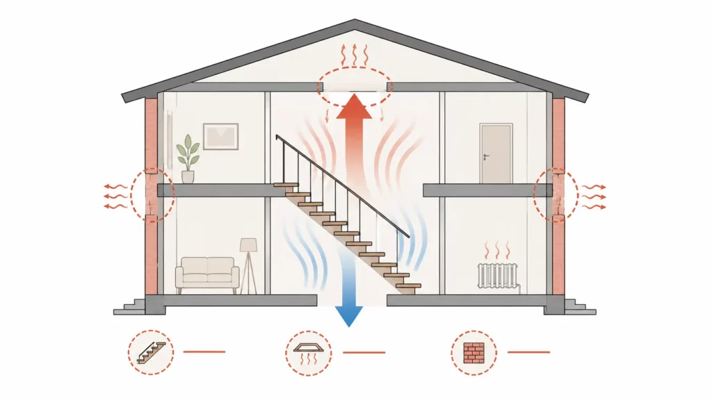 Infographie illustrant le phénomène de convection thermique dans une cage d'escalier ouverte, avec la montée de l'air chaud, la descente de l'air froid et les principales zones de déperdition de chaleur.