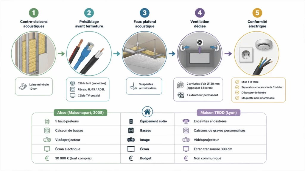 Infographie présentant les cinq étapes d'aménagement d'un sous-sol en salle de cinéma avec isolation acoustique, précâblage, faux plafond, ventilation et conformité électrique, illustrées par des pictogrammes simples sur fond blanc.