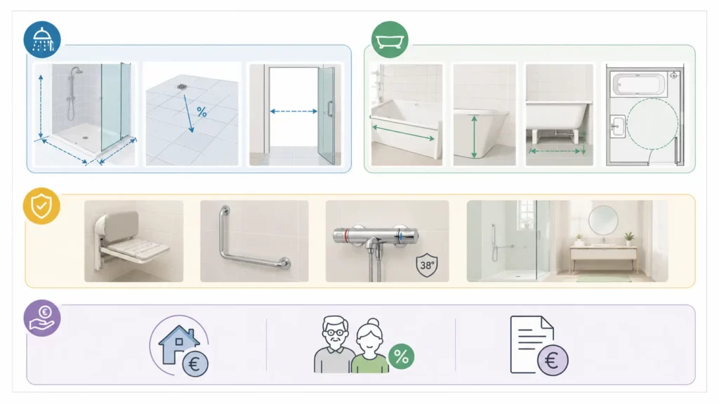 Infographie présentant les principales normes d'accessibilité pour une douche et une baignoire, les équipements de sécurité recommandés et les aides financières disponibles pour remplacer une baignoire par une douche accessible.