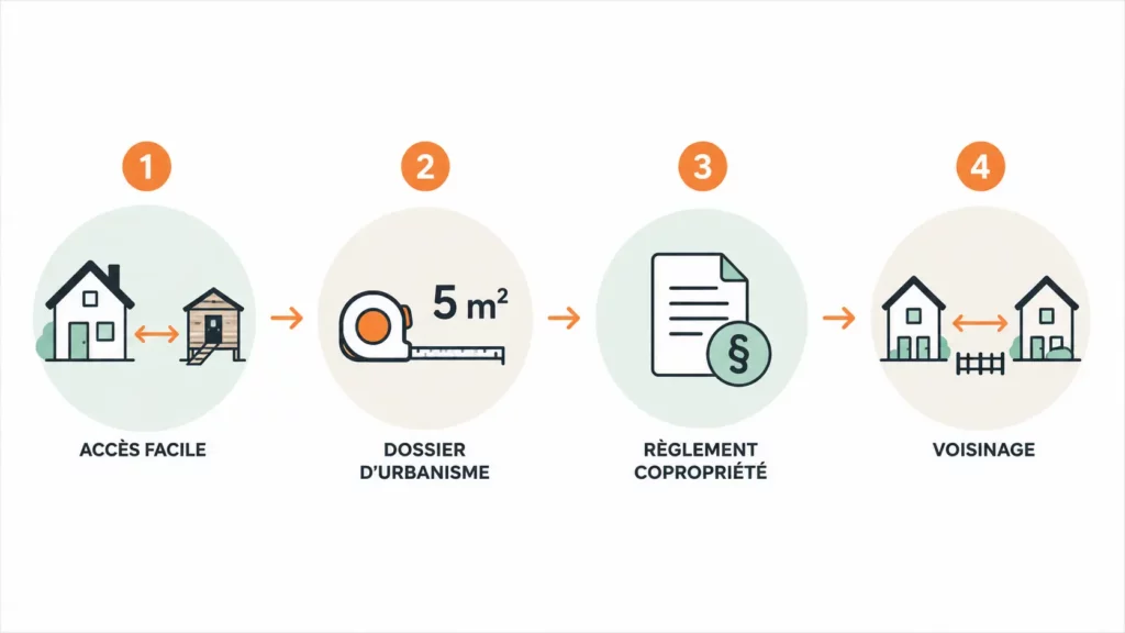 Infographie illustrant les principales étapes pour choisir l'emplacement d'un poulailler : accès facile depuis la maison, seuil de 5 m² pour l'urbanisme, règlement de copropriété et respect du voisinage.