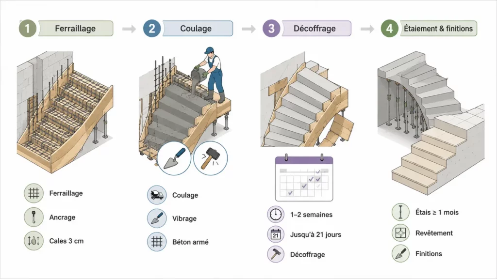 Infographie présentant les quatre étapes de réalisation d'un escalier balancé en béton armé : ferraillage, coulage, décoffrage puis maintien des étais et finitions.