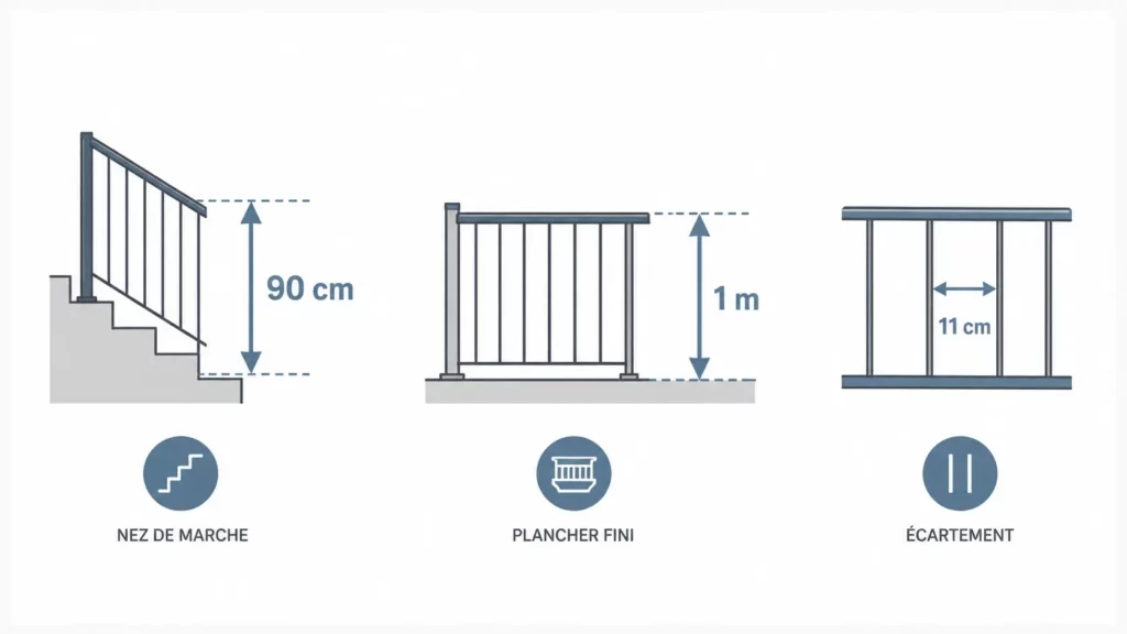 Infographie comparant les hauteurs réglementaires d'un garde-corps d'escalier (90 cm) et d'un garde-corps de balcon (1 m), avec un écartement maximal de 11 cm entre les barreaux.