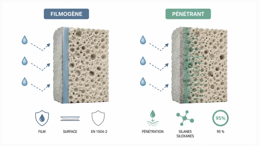 Infographie comparant un hydrofuge filmogène formant une pellicule en surface et un hydrofuge pénétrant qui protège le matériau en profondeur contre l'eau.