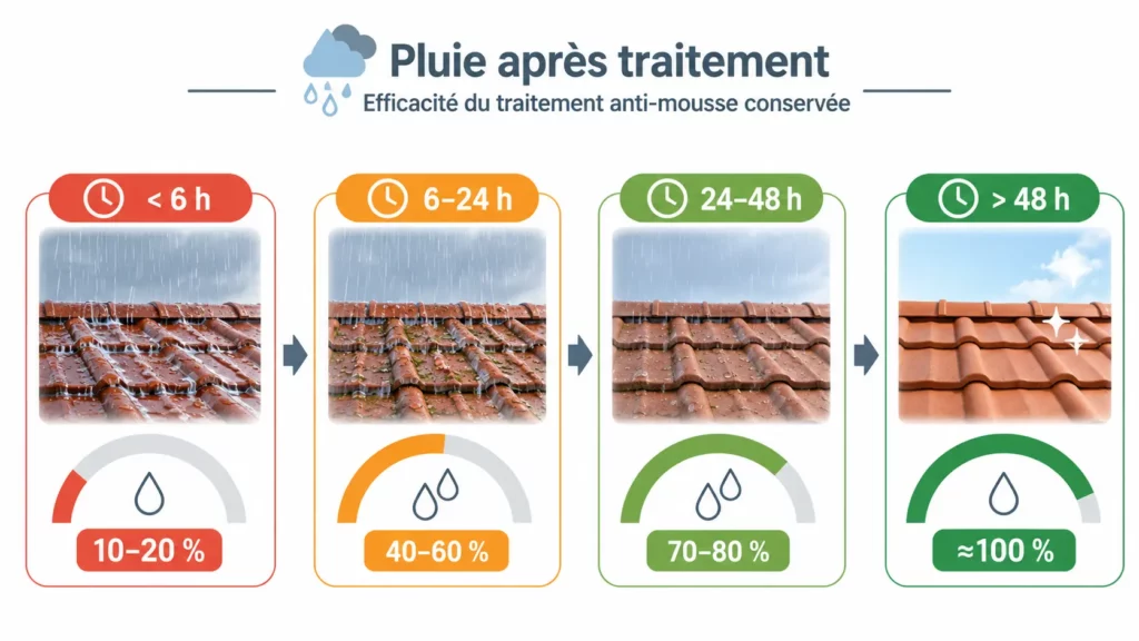 Infographie montrant l'efficacité conservée d'un traitement anti-mousse pour toiture selon le délai écoulé avant la pluie, de moins de 6 heures à plus de 48 heures.