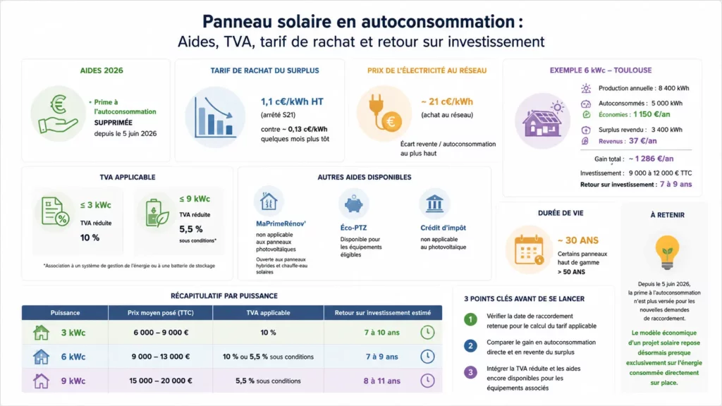 Infographie présentant les aides, la TVA, le tarif de rachat du surplus et le retour sur investissement d'une installation de panneaux solaires en autoconsommation de 3, 6 et 9 kWc.