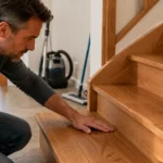 Comment nettoyer un escalier en bois sans l'abîmer personne examinant la finition d'un escalier en bois intérieur en posant la main sur une marche avant son nettoyage, avec un aspirateur et un balai microfibre en arrière-plan.
