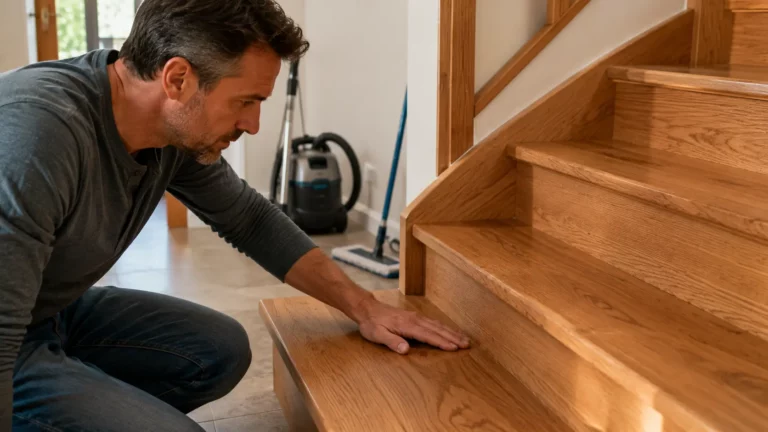 personne examinant la finition d'un escalier en bois intérieur en posant la main sur une marche avant son nettoyage, avec un aspirateur et un balai microfibre en arrière-plan.