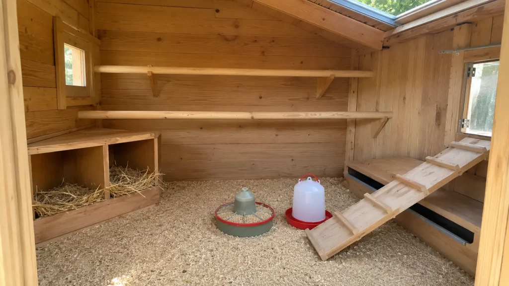 interieur poulailler bois quatre poules pondeuses 1