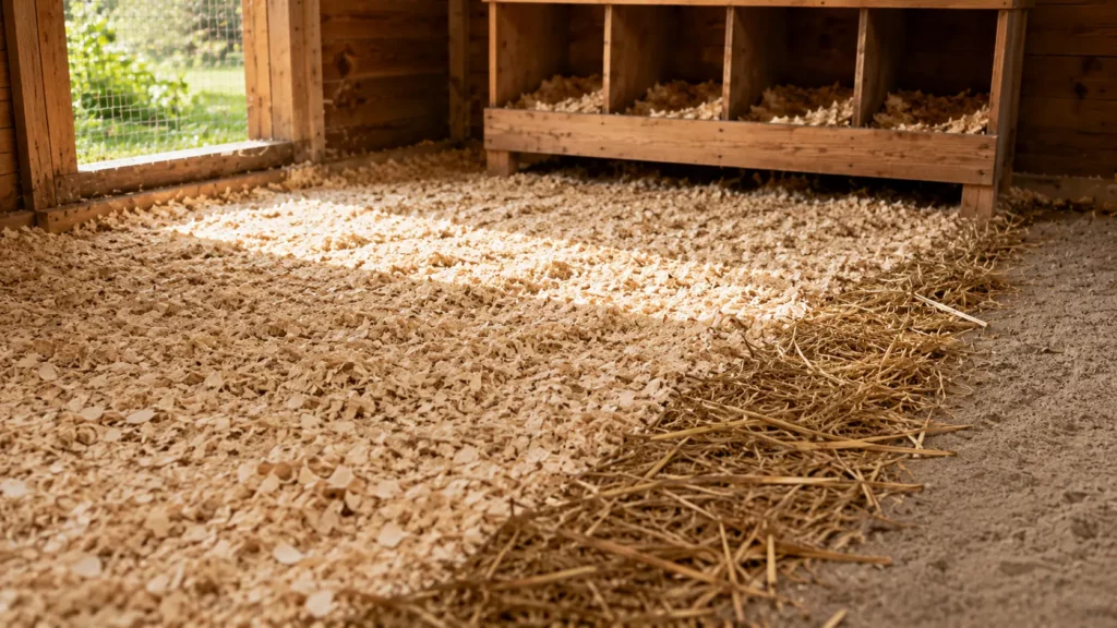 Intérieur d'un poulailler en bois montrant une litière propre composée de copeaux de bois, avec un aperçu de paille et de sable, ainsi qu'un pondoir garni de la même litière en arrière-plan.