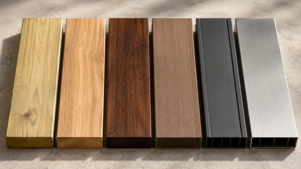Échantillons de matériaux pour palissade de jardin : pin traité, châtaignier, bois exotique, bois composite, PVC gris anthracite et aluminium brossé.