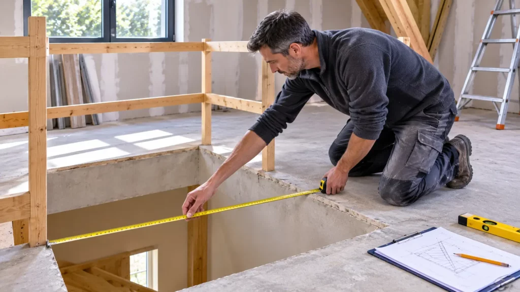 Artisan prenant les mesures d une tremie d escalier quart tournant avec un metre ruban dans une maison en renovation avant le calcul des dimensions de l escalier.