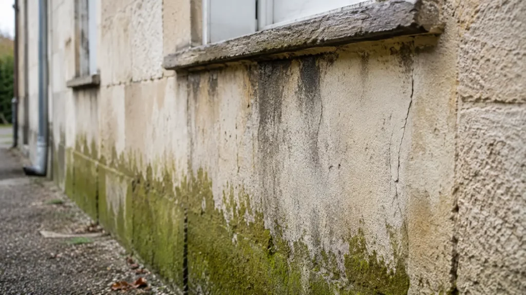 Gros plan sur une façade en pierre calcaire exposée au nord présentant des traces d'humidité sous un appui de fenêtre, de la mousse verte à la base du mur et de fines fissures dans l'enduit avant un ravalement.