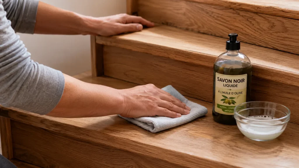 nettoyage d'escalier en bois avec un chiffon microfibre bien essoré, un récipient d'eau savonneuse et un flacon de savon noir, appliqué dans le sens du fil du bois.
