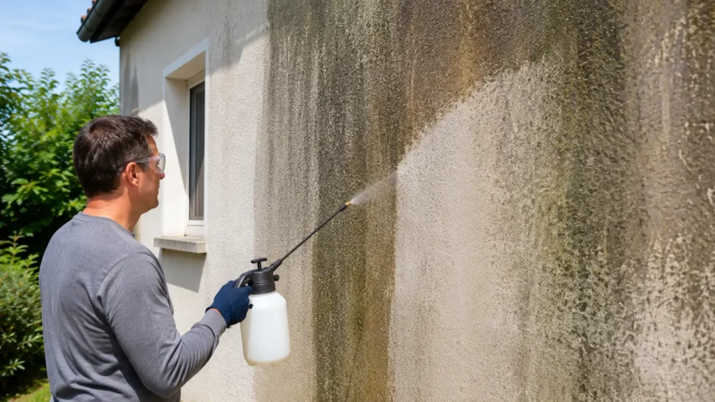 Personne équipée de gants et de lunettes de protection appliquant une solution de nettoyage avec un pulvérisateur basse pression sur une façade en enduit noircie par des algues et des salissures, dans un environnement résidentiel en plein jour.