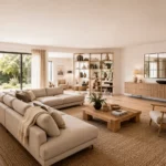 Comment bien organiser son salon pour qu'il vous ressemble vraiment Salon moderne spacieux et lumineux avec canapé d angle, table basse en bois, bibliothèque ouverte, buffet contemporain, grand tapis en fibres naturelles et lumière naturelle favorisant une circulation fluide.