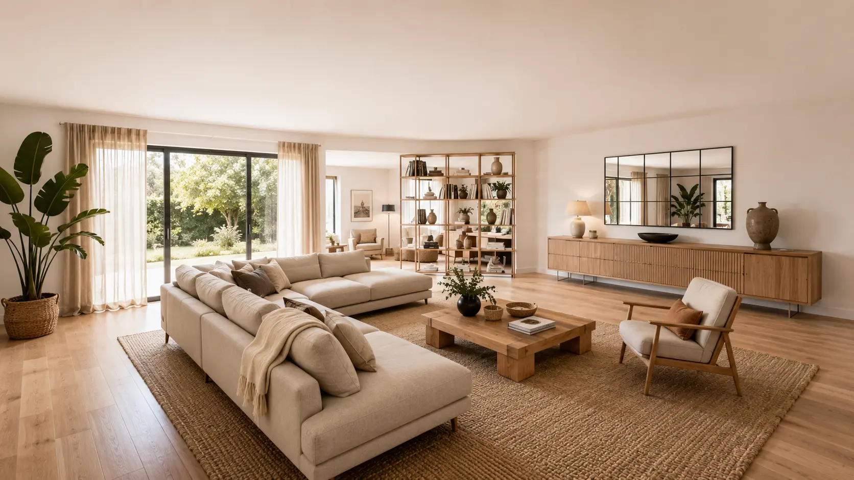 Salon moderne spacieux et lumineux avec canapé d angle, table basse en bois, bibliothèque ouverte, buffet contemporain, grand tapis en fibres naturelles et lumière naturelle favorisant une circulation fluide.