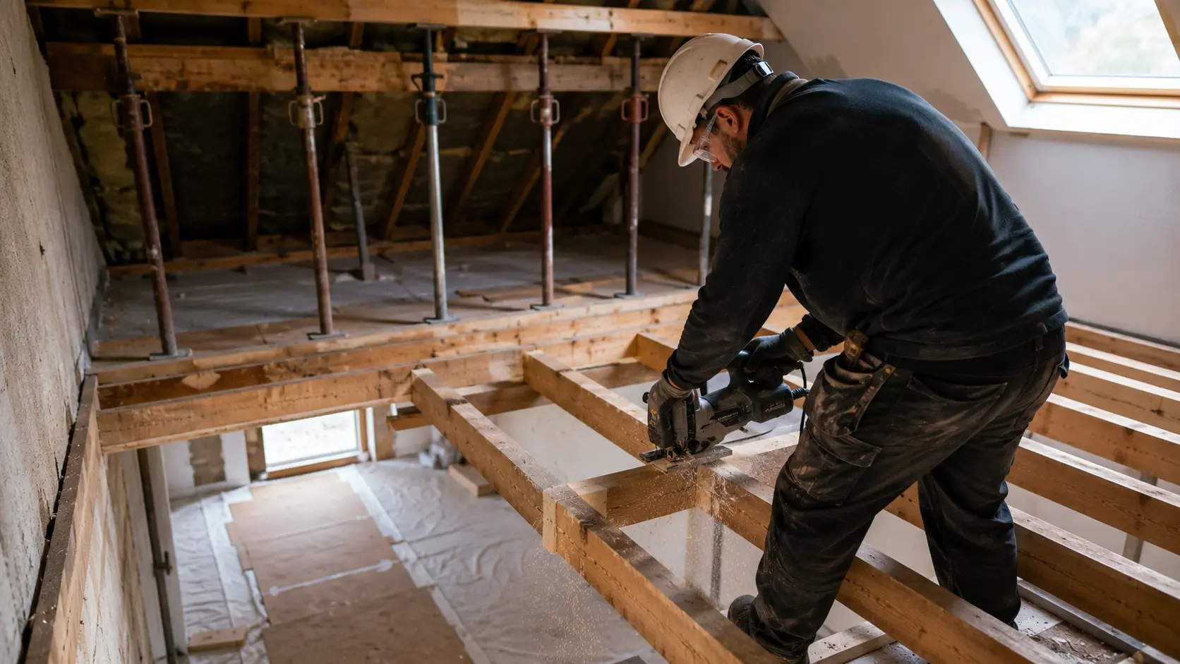 Réaliser une trémie d'escalier sans fragiliser son plancher Artisan équipé d'un casque, de lunettes et de gants découpant une solive en bois pour créer une trémie d'escalier dans des combles, avec des étais de maçon soutenant un madrier et une protection au sol du niveau inférieur.