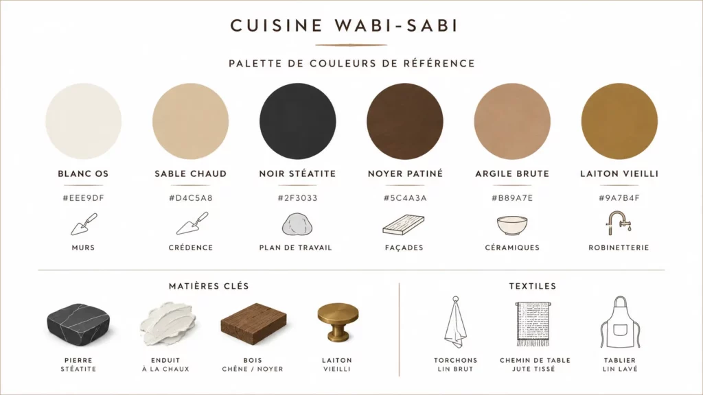 Infographie présentant la palette de couleurs d'une cuisine wabi-sabi avec six nuanciers (blanc os, sable chaud, noir stéatite, noyer patiné, argile brute et laiton vieilli), leurs codes hexadécimaux, leurs usages et des pictogrammes représentant la pierre, l'enduit à la chaux, le bois et le laiton.