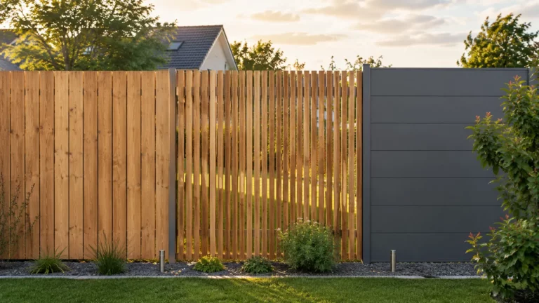 Comparaison entre une palissade en bois pleine, un claustra ajouré et un panneau occultant en aluminium dans un jardin résidentiel.