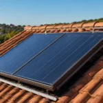 Panneau solaire thermique installé sur une toiture en tuiles avec châssis en aluminium, vitrage protégeant un absorbeur sombre et tuyaux de raccordement en cuivre visibles, photographié sous un ciel dégagé en lumière naturelle.