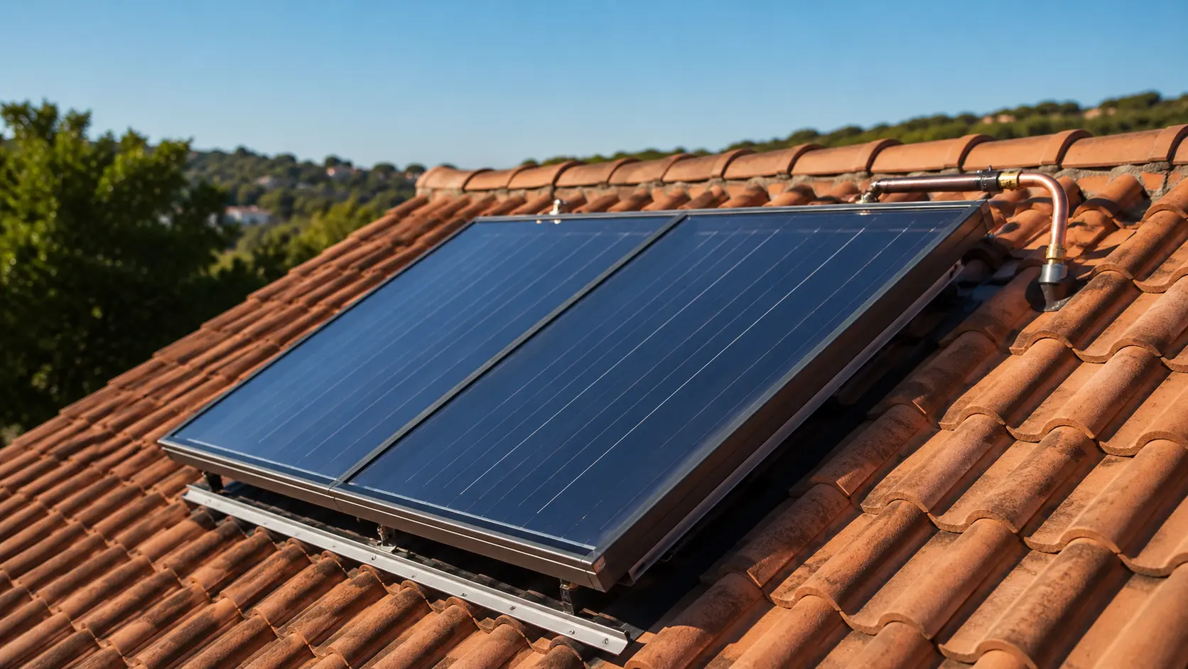 Panneau solaire thermique installé sur une toiture en tuiles avec châssis en aluminium, vitrage protégeant un absorbeur sombre et tuyaux de raccordement en cuivre visibles, photographié sous un ciel dégagé en lumière naturelle.