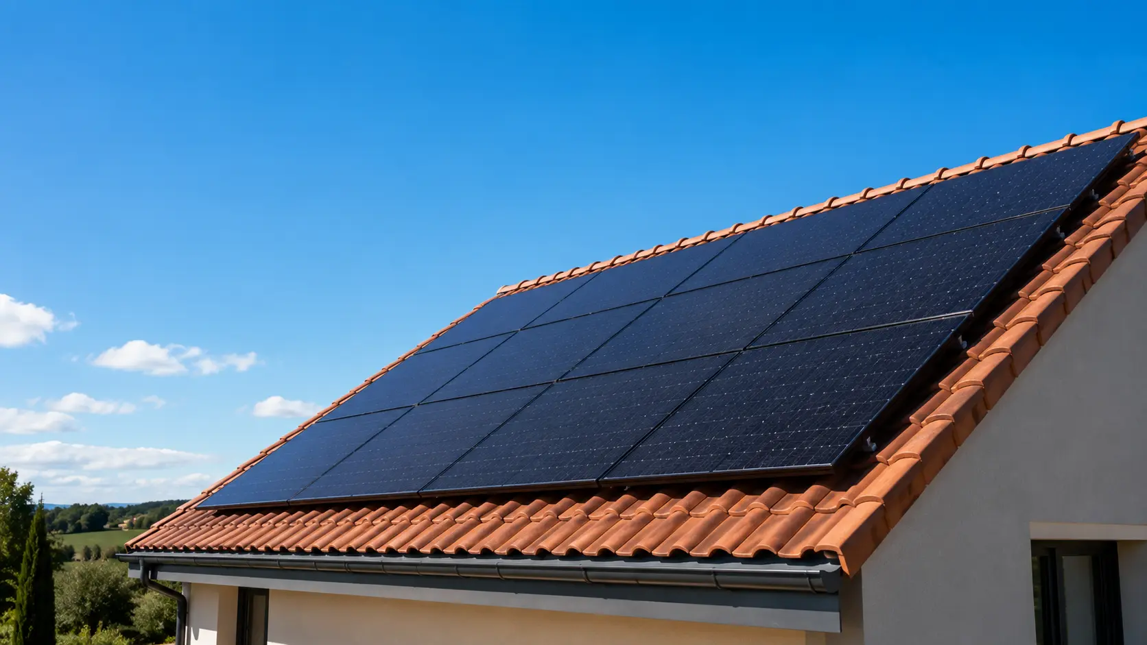 Panneaux solaires : combien en faut-il vraiment pour une maison ? Panneaux solaires photovoltaïques noirs monocristallins installés sur le versant sud d'une toiture de maison individuelle, alignés sous un ciel dégagé et lumineux pour illustrer une installation résidentielle optimisée.