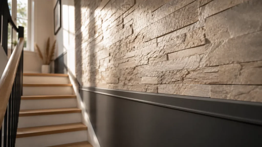 Mur de cage d'escalier avec parement décoratif imitation pierre, soubassement contrasté et escalier contemporain éclairé par une lumière naturelle.