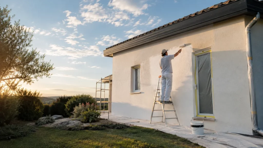 Artisan appliquant une peinture claire sur une façade crépie au printemps sous une lumière naturelle de fin de journée avec un échafaudage léger.