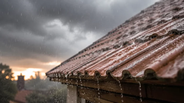 Pluie battante sur une toiture en tuiles illustrant le risque de lessivage d'un traitement anti-mousse avant la fin du temps de séchage.