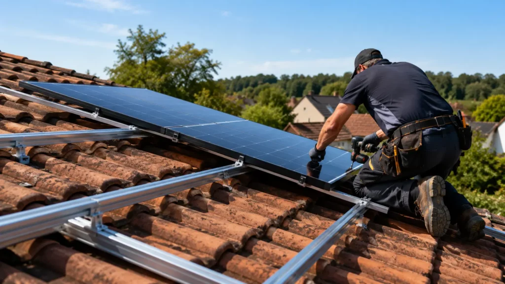 Artisan installant des panneaux photovoltaïques sur une toiture inclinée avec rails de fixation en aluminium, illustrant la pose en surimposition d'une installation solaire résidentielle.
