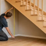 Habillage sous escalier bois : les précautions avant de se lancer Artisan menuisier prenant les mesures de l'espace disponible sous un escalier en bois avant la conception d'un aménagement sur mesure.