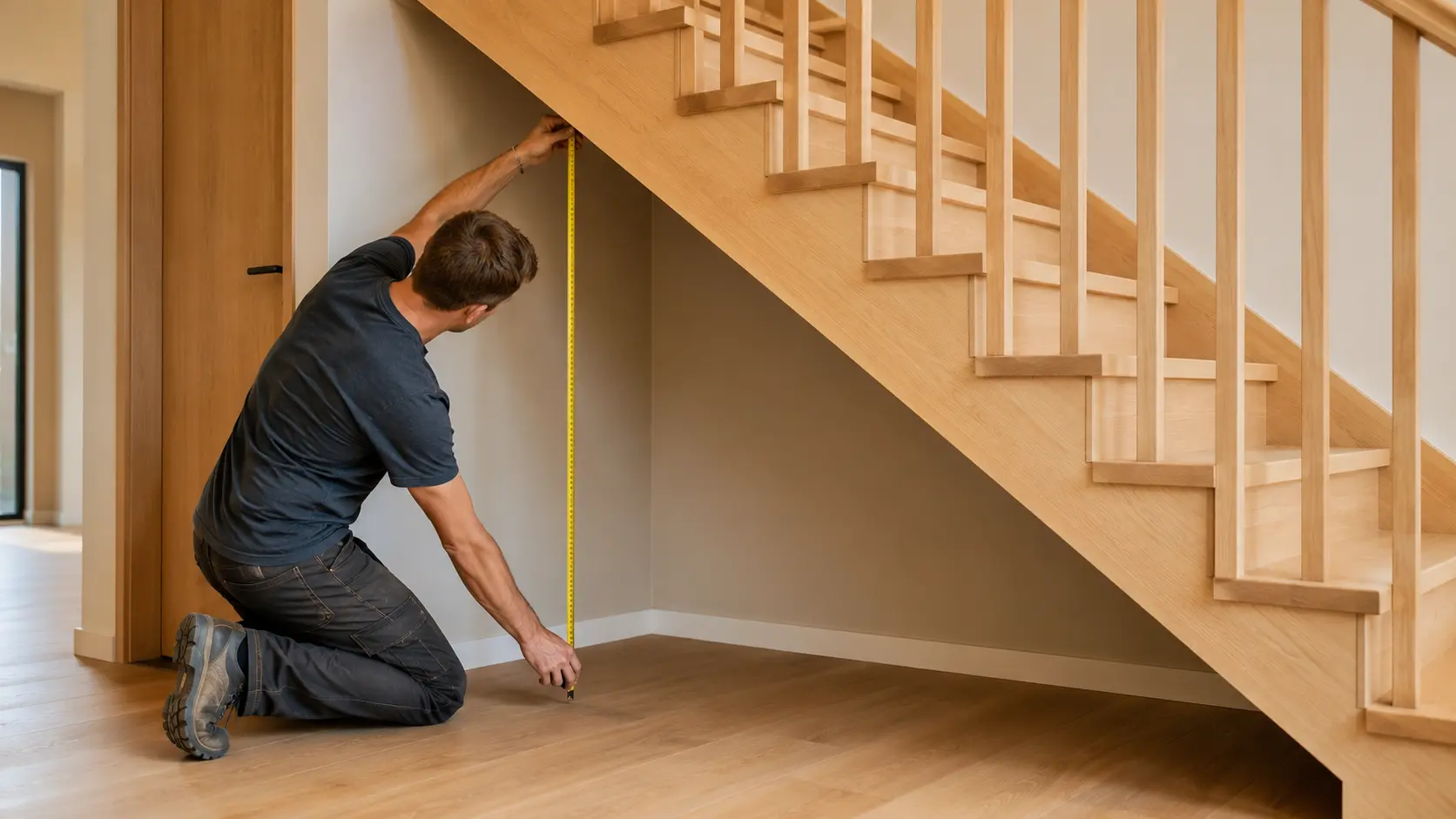 Artisan menuisier prenant les mesures de l'espace disponible sous un escalier en bois avant la conception d'un aménagement sur mesure.
