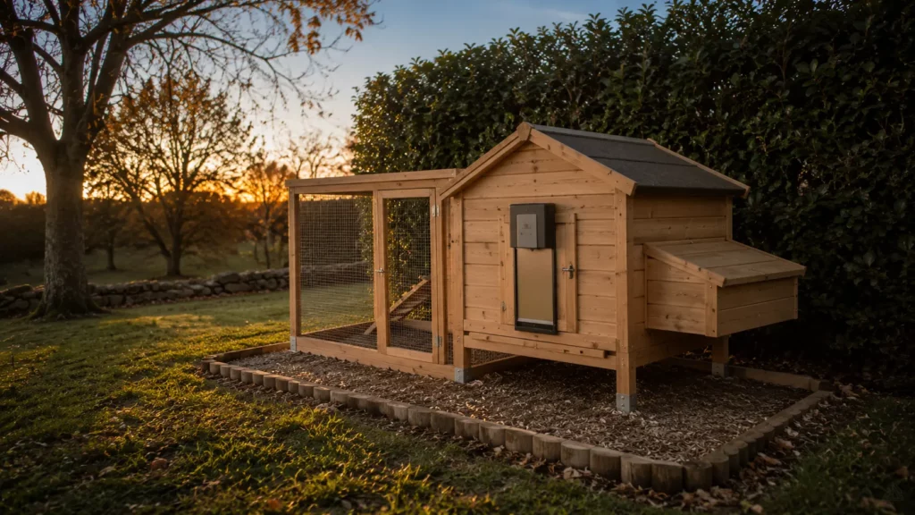 Poulailler familial en bois solidement ancré au sol, protégé par une haie brise-vent, avec portier automatique et trappe fermée pour limiter les risques liés au vent et aux prédateurs.