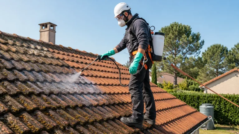 Artisan équipé d'un harnais et d'équipements de protection pulvérisant un traitement anti-mousse sur une toiture en tuiles par temps sec et ensoleillé.