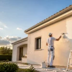 un artisan peignant la facade crepie d une maison individuelle au rouleau par une douce fin de journee de printemps avec escabeau et materiel de peinture.