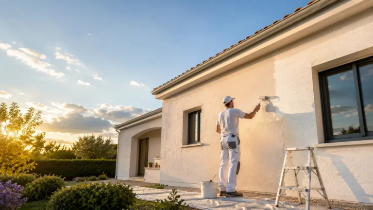 un artisan peignant la facade crepie d une maison individuelle au rouleau par une douce fin de journee de printemps avec escabeau et materiel de peinture.
