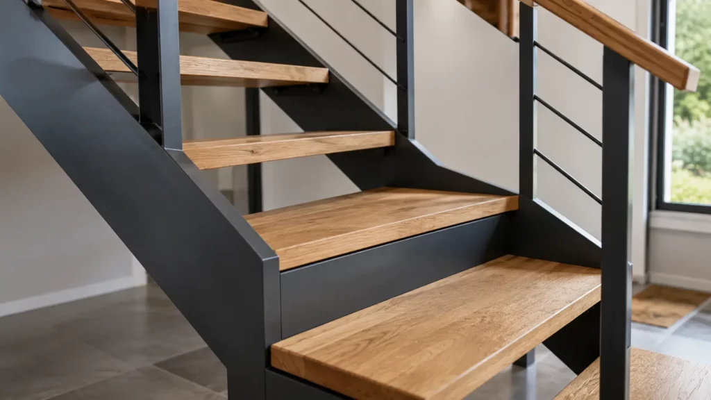 Detail du raccord des limons et du depart de la main courante sur un escalier quart tournant en metal et bois avec assemblage technique soigne dans une maison moderne.