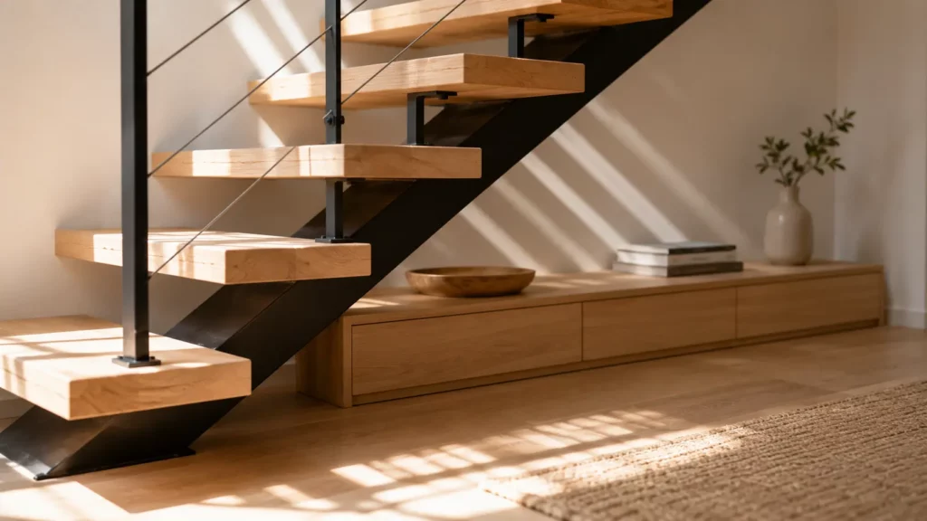 Rangement bas et discret sous un escalier sans contremarche, laissant circuler la lumière naturelle entre les marches dans un intérieur contemporain.