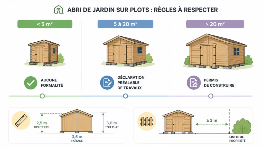 Infographie présentant les seuils réglementaires pour installer un abri de jardin sur plots selon sa surface, avec les formalités administratives, les hauteurs maximales autorisées et la distance minimale de 3 mètres par rapport à la limite de propriété.