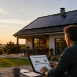 Panneau solaire en autoconsommation : le prix réel d'une installation Propriétaire analysant la rentabilité d'une installation de panneaux solaires en autoconsommation devant une maison équipée de panneaux photovoltaïques au coucher du soleil.
