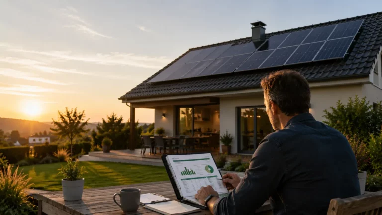 Propriétaire analysant la rentabilité d'une installation de panneaux solaires en autoconsommation devant une maison équipée de panneaux photovoltaïques au coucher du soleil.