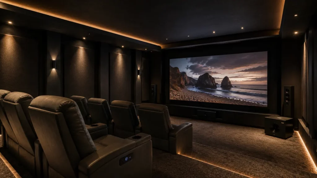 Salle de cinéma privée haut de gamme aménagée dans un sous-sol avec grand écran de projection, fauteuils inclinables en cuir, éclairage d'ambiance intégré, panneaux acoustiques et équipements audio dédiés pour une expérience home cinéma immersive.