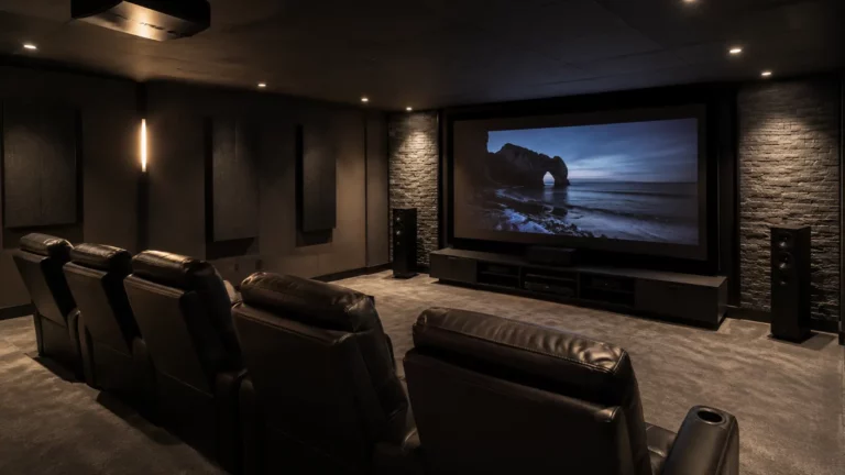 Salle de cinéma privée aménagée dans un sous-sol avec grand écran de projection, fauteuils inclinables, murs acoustiques sombres, éclairage tamisé et ambiance immersive dédiée au home cinéma.