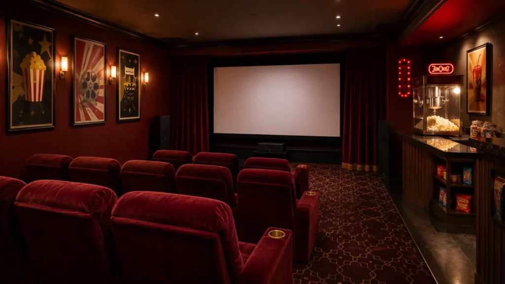 Salle de cinéma privée aménagée dans un sous-sol au style américain rétro avec fauteuils en velours rouge, rideaux encadrant un grand écran, comptoir avec machine à pop-corn, affiches de cinéma génériques et éclairage chaleureux rappelant une salle de projection traditionnelle.