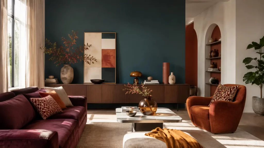 Salon contemporain avec mur bleu vert profond, canapé bordeaux, fauteuil terracotta et décoration aux tons chauds, illustrant les couleurs tendance de la décoration intérieure.
