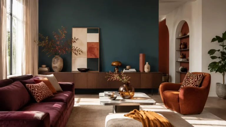 Salon contemporain avec mur bleu vert profond, canapé bordeaux, fauteuil terracotta et décoration aux tons chauds, illustrant les couleurs tendance de la décoration intérieure.