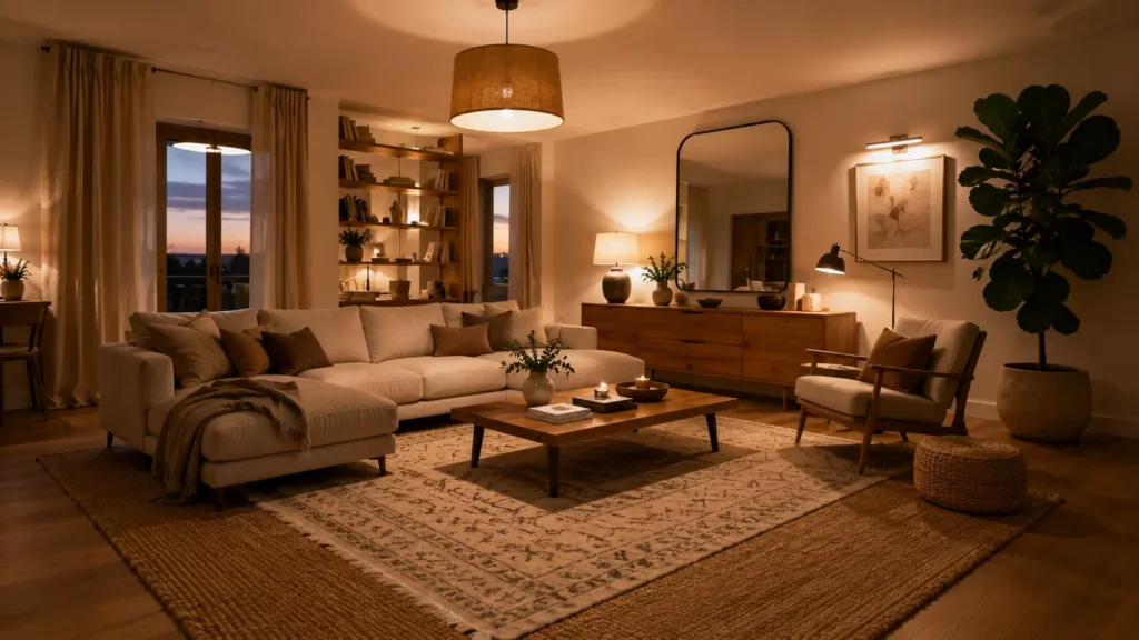 Salon contemporain chaleureux avec plusieurs sources de lumiere, tapis superposes en jute et laine, rideaux en lin, miroir mural, plante ficus lyrata XXL et ambiance cocooning en fin de journee.