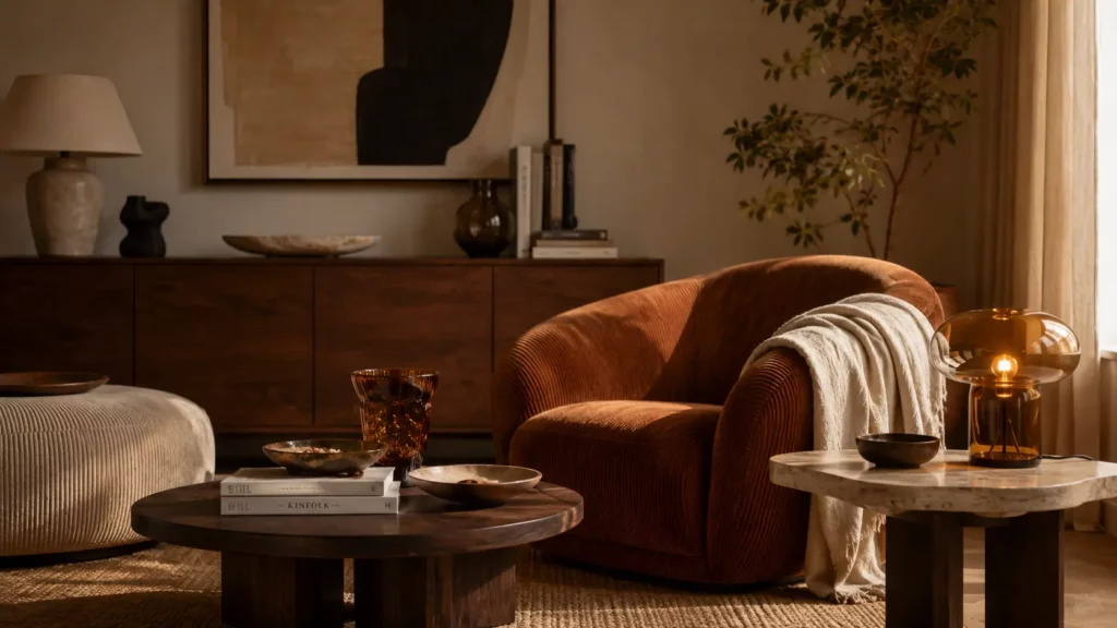 Coin salon de style mid-century moderne avec fauteuil en velours côtelé, table basse en bois foncé, pierre mate, luminaire en verre ambré et textiles en lin lavé dans une ambiance chaleureuse.