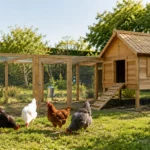 Poulailler en bois de taille moyenne avec enclos grillagé où quatre poules pondeuses de races variées évoluent dans un jardin verdoyant, illustrant l'espace recommandé pour leur bien-être.