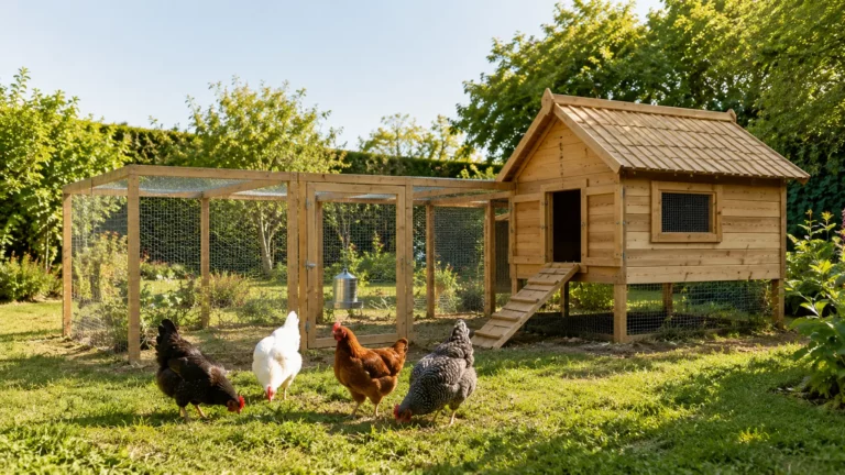 Poulailler en bois de taille moyenne avec enclos grillagé où quatre poules pondeuses de races variées évoluent dans un jardin verdoyant, illustrant l'espace recommandé pour leur bien-être.
